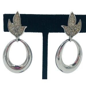 Givenchy Vintage Silver Crystal Rhinestone Clip On Drop Earrings